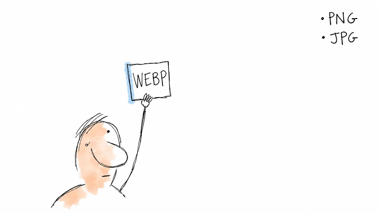 Personagem-doodle ergue um cartão escrito WEBP; longe dele, no branco, a lista do campo traz só PNG e JPG, e nada liga as duas pontas.
