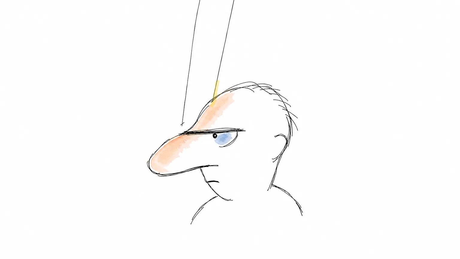 Cabeça-doodle de perfil sob dois raios quase verticais: um cai na testa, o outro morre logo depois da sobrancelha e a órbita fica lavada de azul.