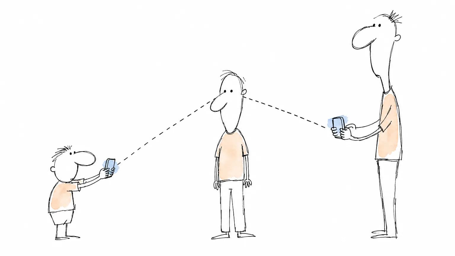 Duas pessoas de alturas diferentes fotografam a mesma pessoa e as linhas dos dois celulares chegam ao rosto em ângulos distintos