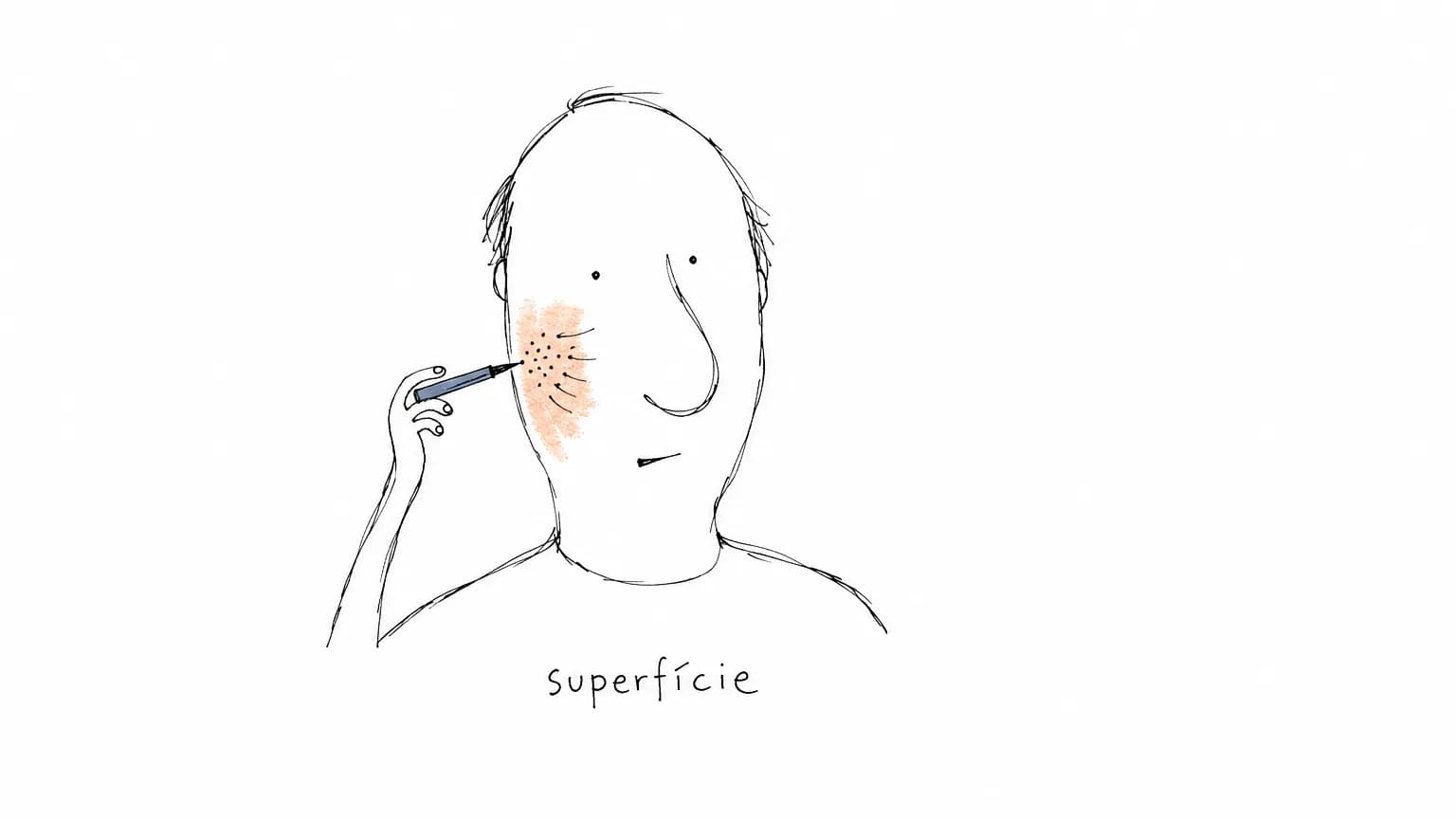 Figura de traço solto encosta a caneta na própria bochecha e só ali nascem pontinhos e riscos; o resto do rosto segue papel branco, sob o rótulo superfície.