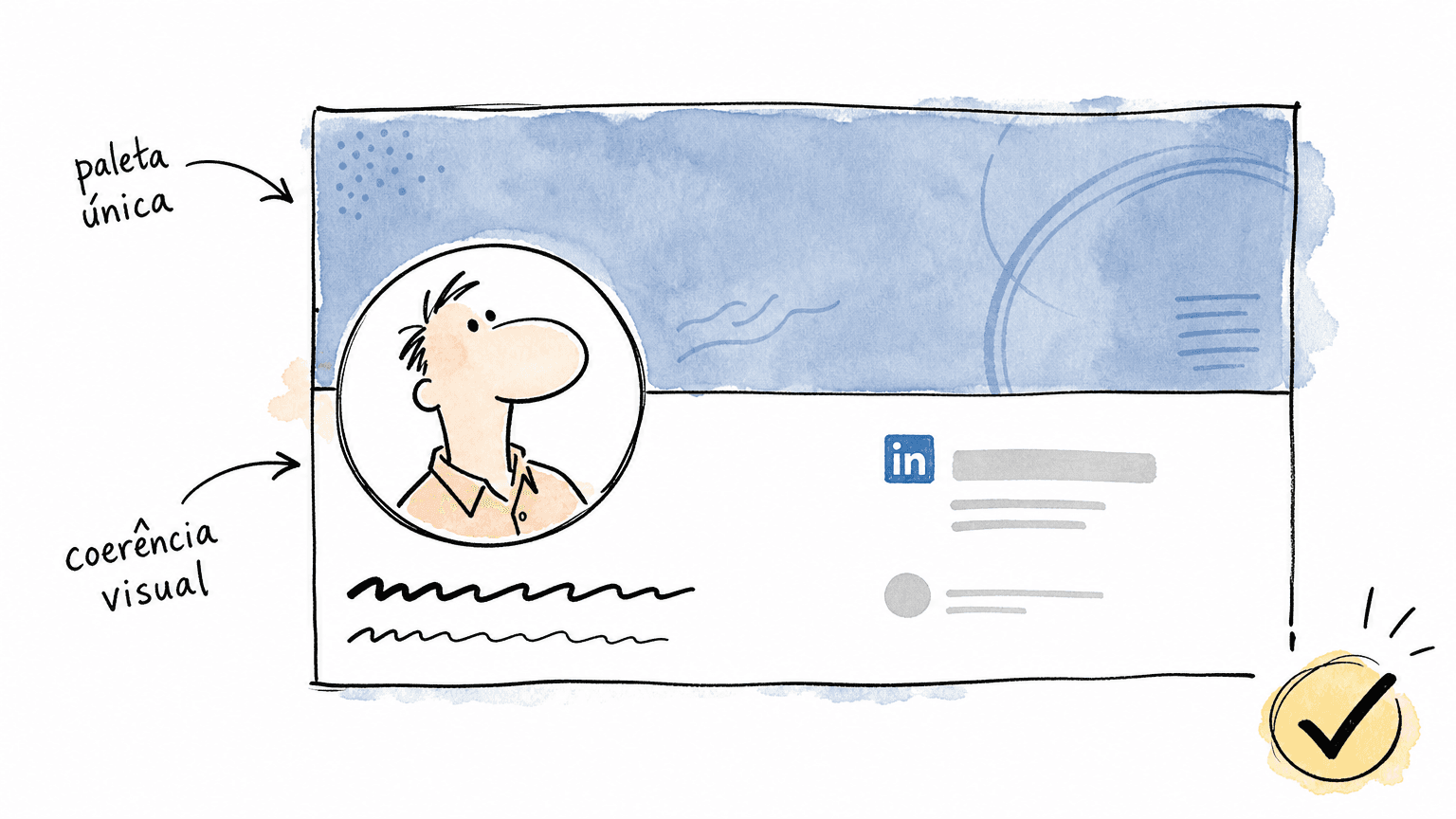 Mockup cartoon de um perfil LinkedIn mostrando a relação visual entre capa retangular e foto circular sobreposta, com setas indicando paleta única e coerência visual.