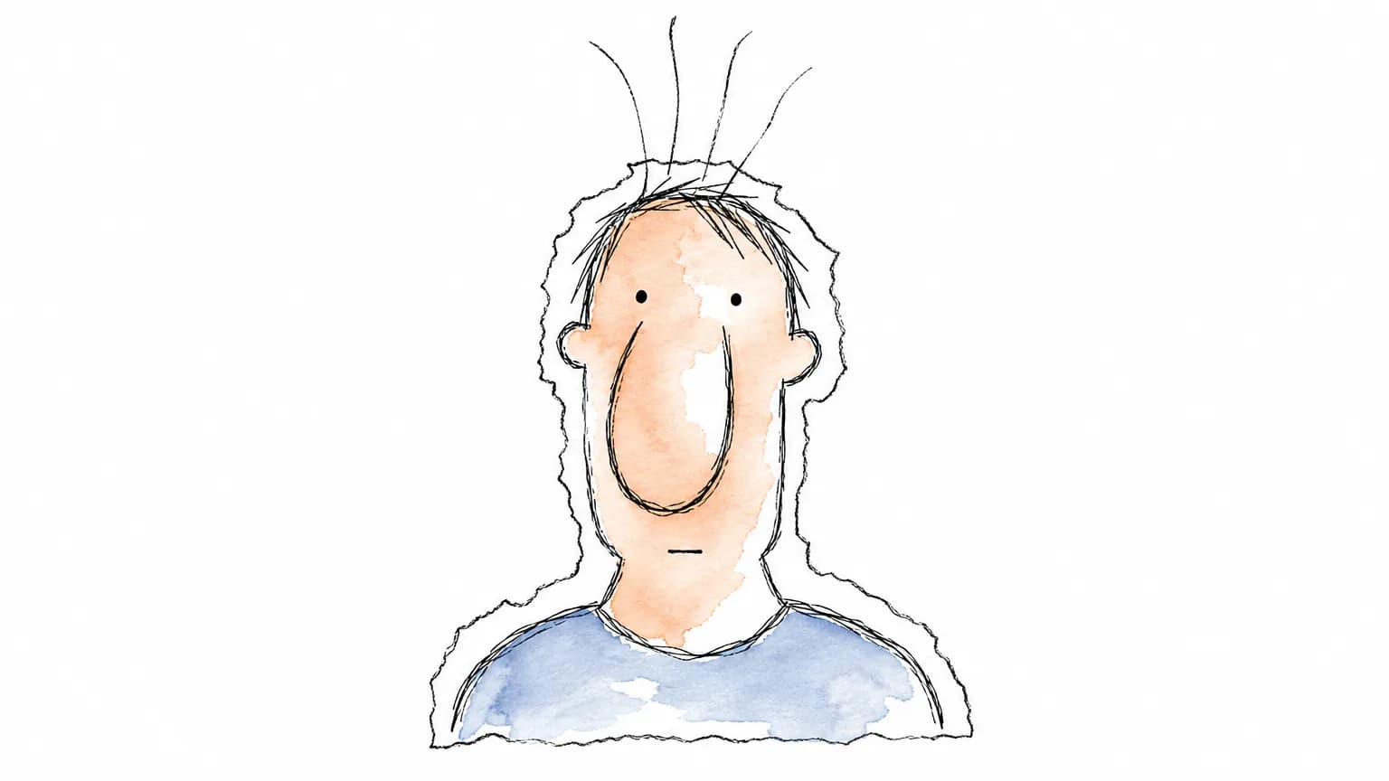 Retrato de traço solto delimitado por uma borda rasgada, sem nada atrás, e cinco fios de cabelo que cruzam a borda e terminam no branco.