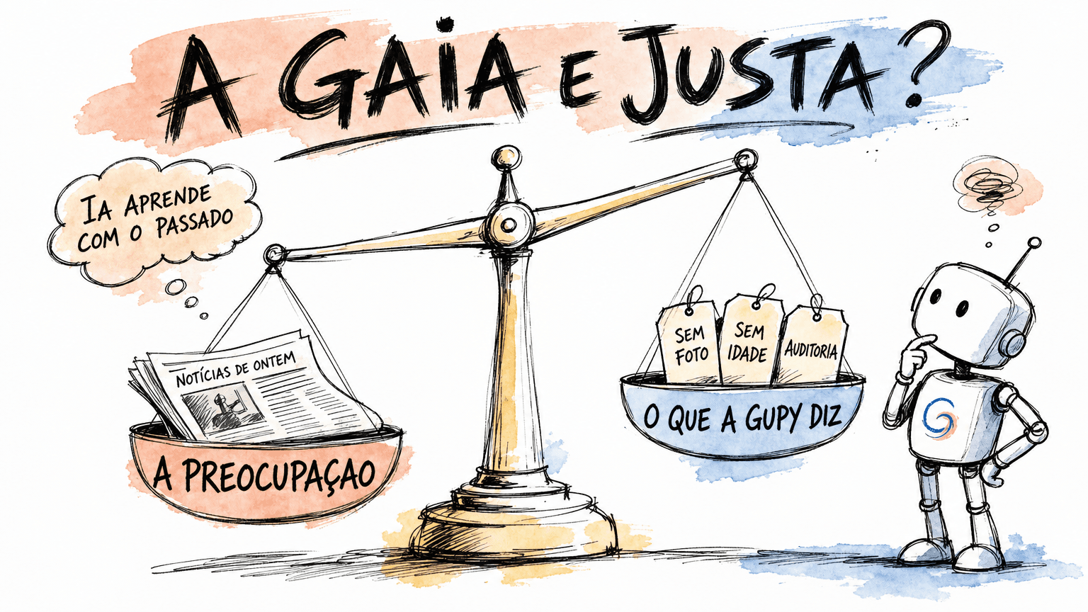 Balança Red Bull em pt-BR do debate sobre viés da Gaia: de um lado a preocupação (IA aprende com o passado), do outro a resposta da Gupy (sem foto, sem idade, auditoria).