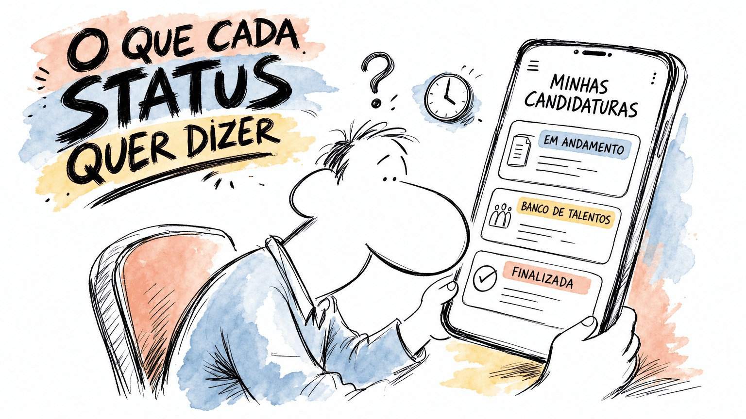 Ilustração estilo Red Bull de um candidato olhando o painel Minhas Candidaturas da Gupy com os status em andamento, banco de talentos e finalizada.