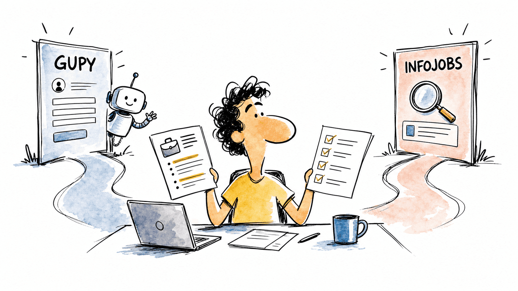Pessoa candidata compara Gupy e InfoJobs com descrição de vaga e checklist