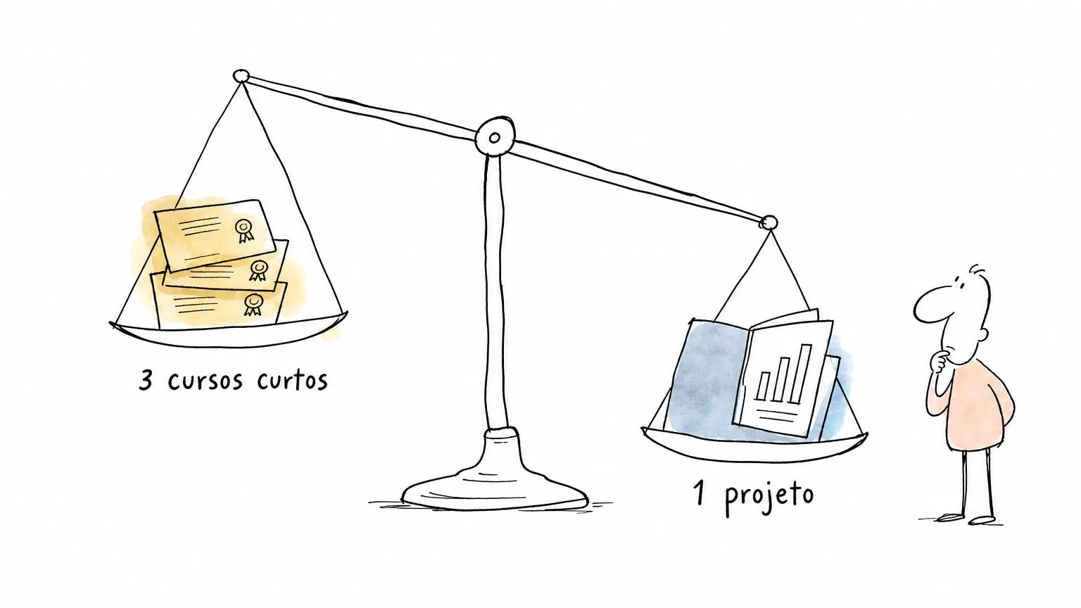 Balança pende para o prato com uma pasta de projeto, mais pesado que a pilha de três certificados: um projeto prova mais que cursos curtos