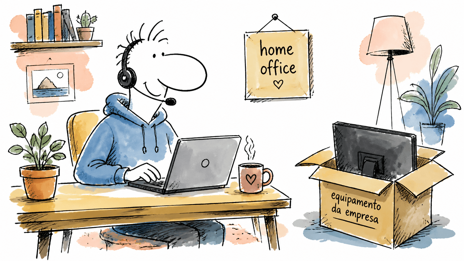 Cartoon de pessoa de headset trabalhando de casa com placa 'home office' e uma caixa de 'equipamento da empresa'