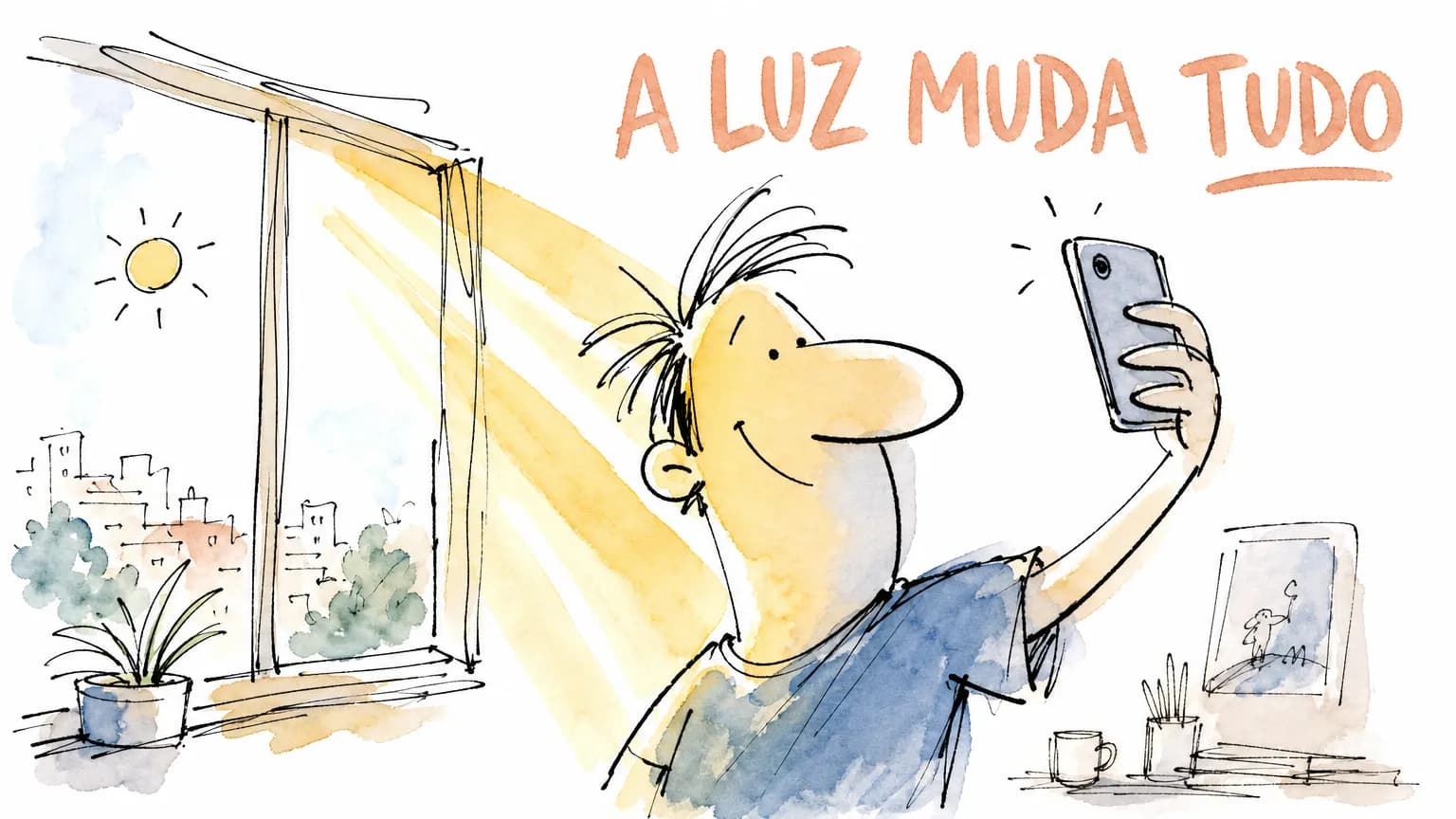 Cartoon de personagem tirando foto ao lado de uma janela com luz dourada entrando a 45 graus, com o letreiro A LUZ MUDA TUDO no topo