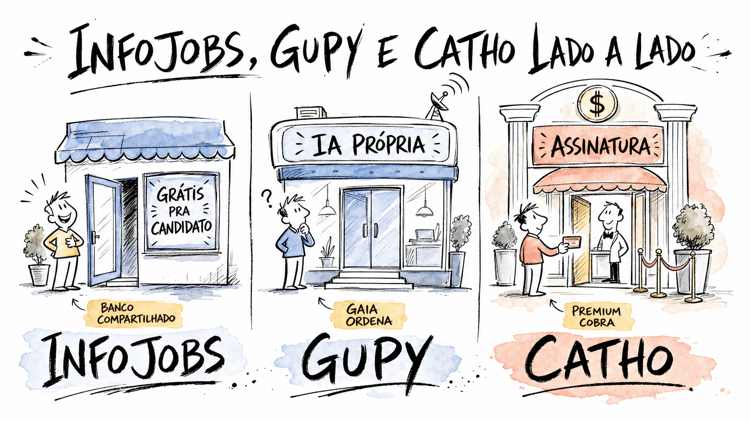 InfoJobs, Gupy e Catho lado a lado: três modelos diferentes para o candidato.