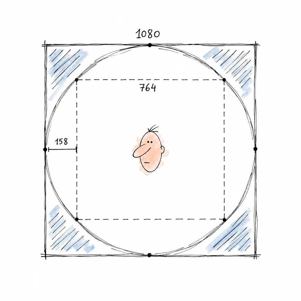 Quadrado de 1080 com círculo inscrito e, dentro, o quadrado seguro tracejado de 764 com o rosto; um colchete marca a margem de 158 e os cantos vão hachurados