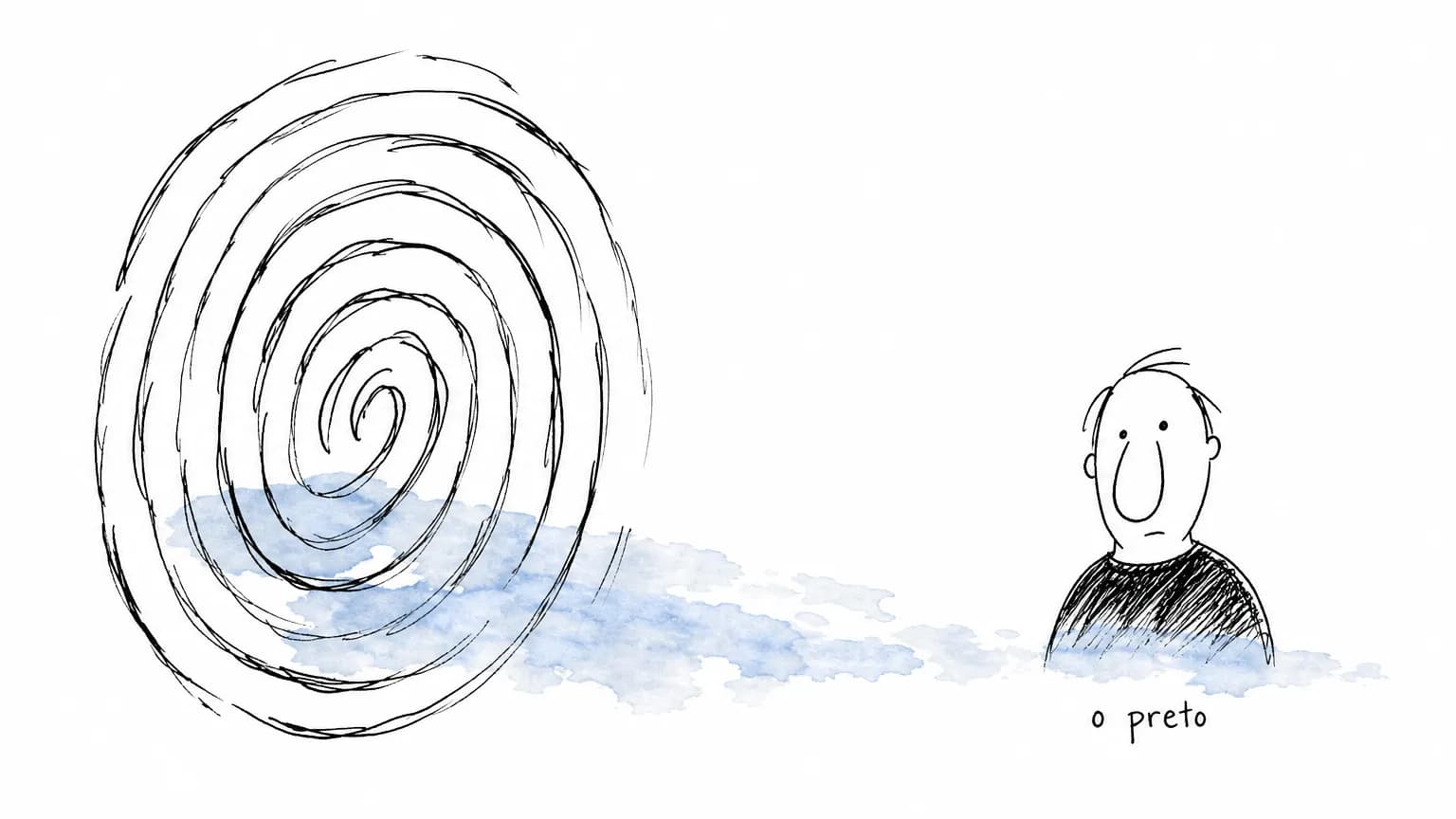 Espiral de impressão digital espalha uma aguada pálida até a camisa preta de uma figura, que fica manchada embaixo, sob o rótulo "o preto".