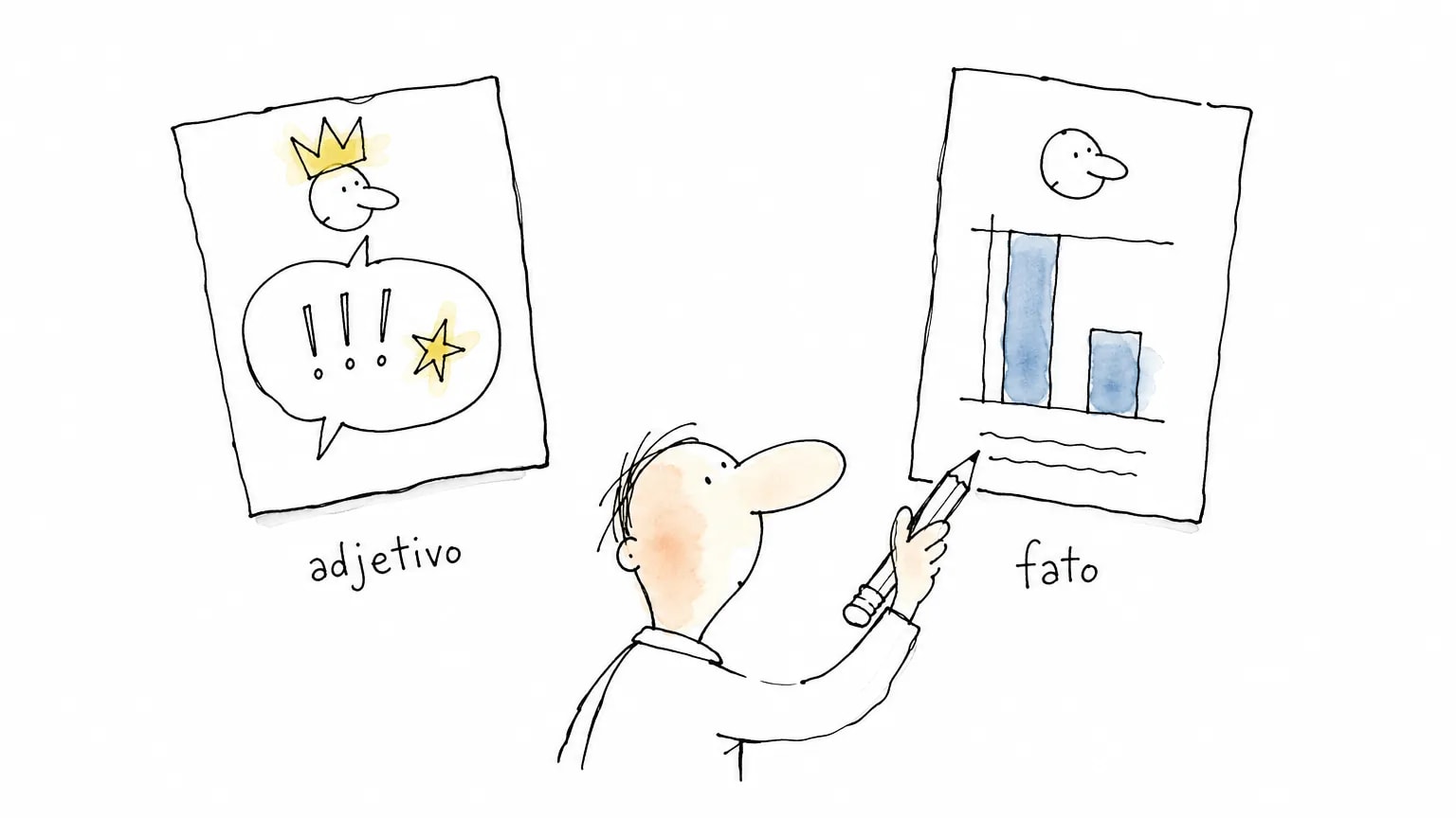 O mesmo post reescrito: à esquerda, rosto de coroa e balão de exclamações ("adjetivo"); à direita, o mesmo rosto com gráfico de duas barras ("fato")