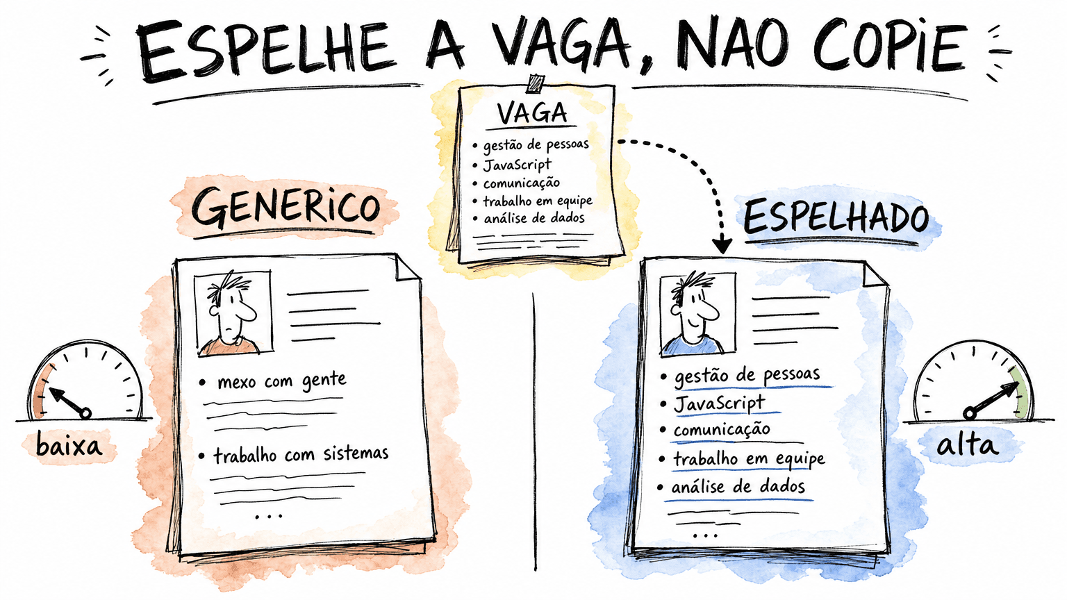Comparativo Red Bull em pt-BR: currículo genérico com baixa afinidade ao lado de currículo que espelha o vocabulário real da vaga, com afinidade alta.