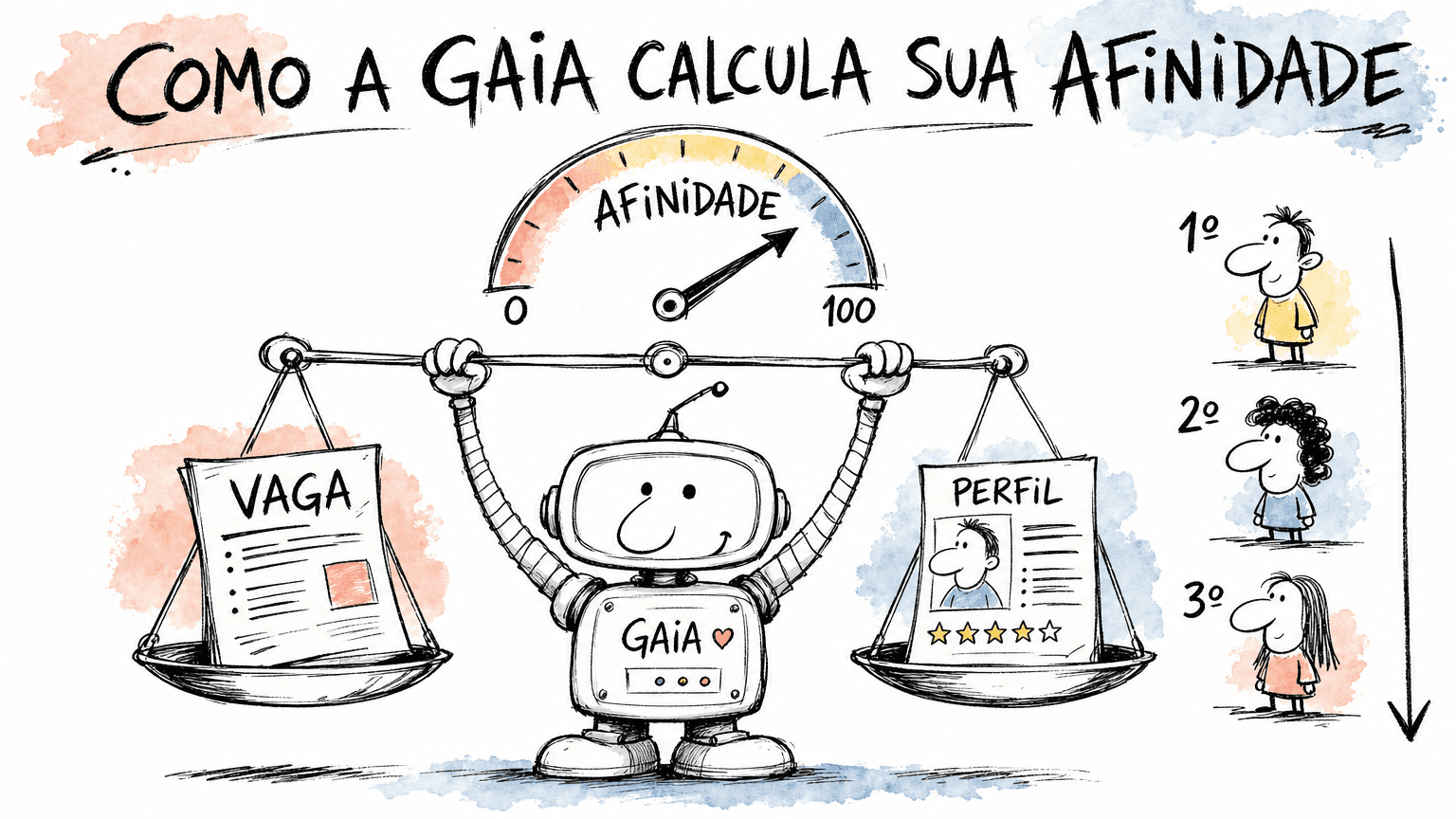 Ilustração estilo Red Bull em pt-BR da IA Gaia da Gupy cruzando a vaga e o seu perfil para calcular a afinidade e ordenar a fila de candidatos.