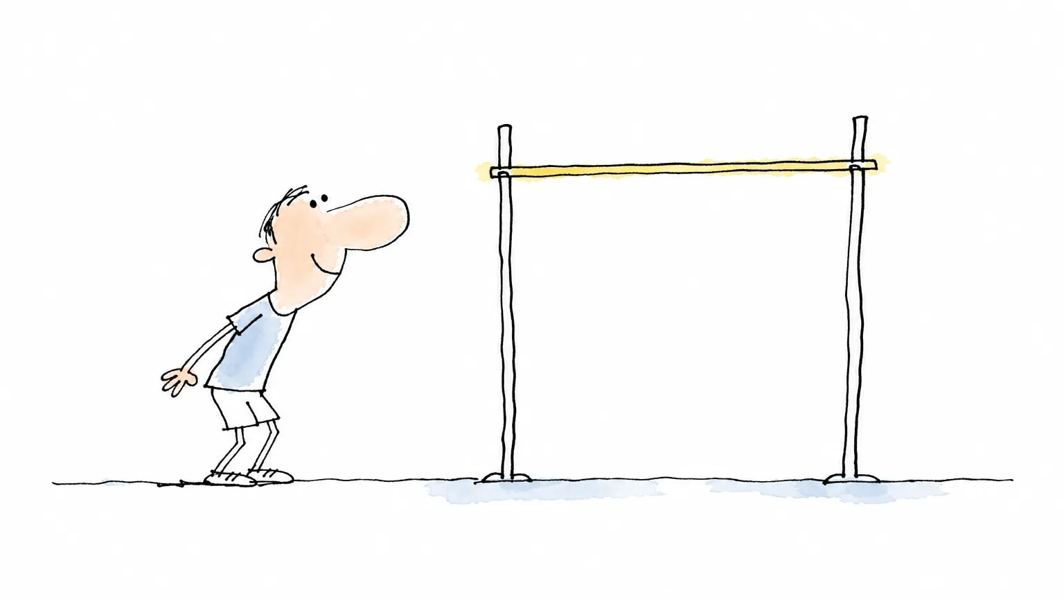 Ilustração de uma pessoa em posição de preparo olhando para uma barra de salto em altura colocada só um pouco acima da cabeça dela: meta alcançável, não fácil.
