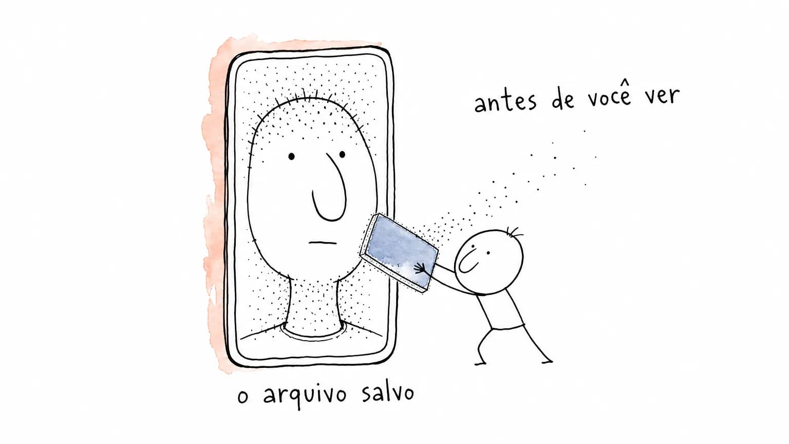 Retrato na tela de um celular com pontos de textura na testa e no pescoço e as bochechas em branco; uma figurinha lixa a bochecha na própria tela.