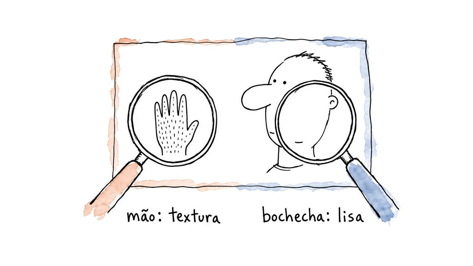 Cartão de foto sob duas lupas: na esquerda a mão aberta coberta de pontos e traços; na direita a bochecha do rosto desenhado, totalmente lisa.