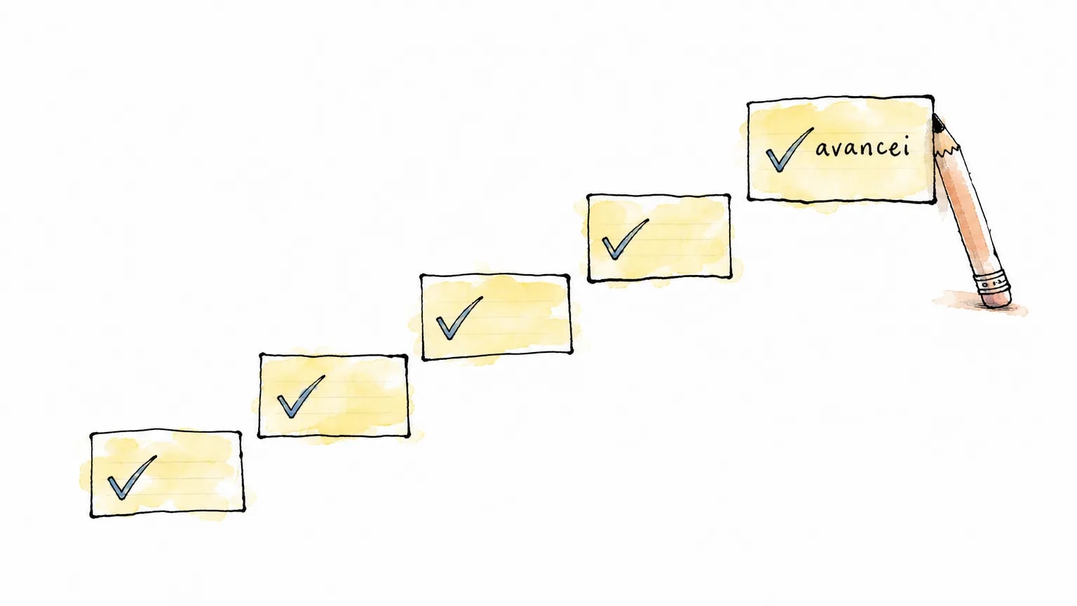Ilustração de cinco fichas com visto subindo como degraus, a mais alta escrita avancei: o registro de progresso diário.