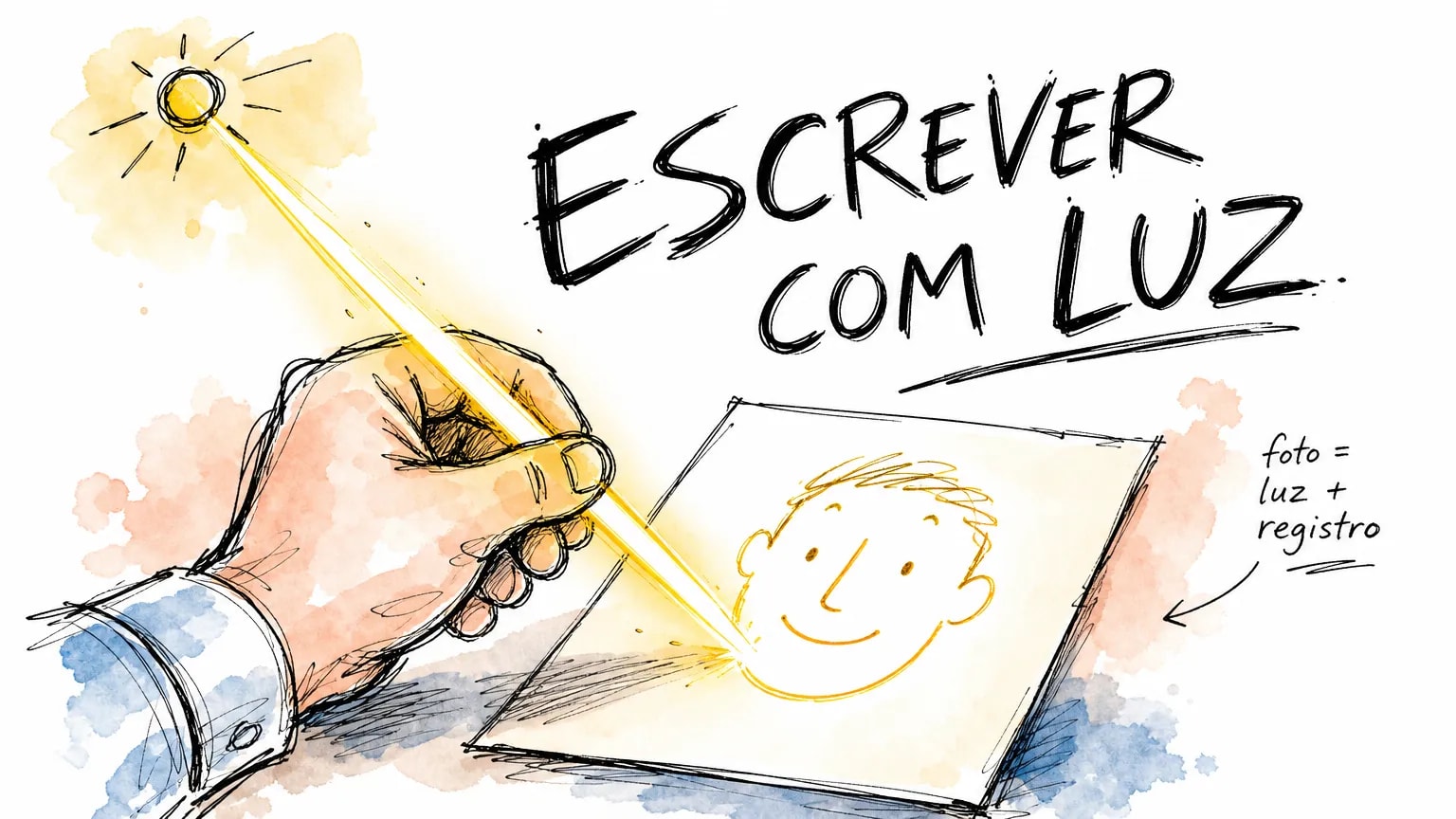 Mão escrevendo com luz o desenho de um rosto, ilustração do significado de fotografia, palavra grega que quer dizer escrever com luz