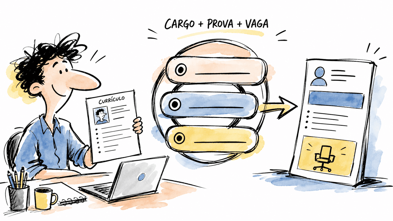 Pessoa montando um currículo com três campos que apontam para uma vaga
