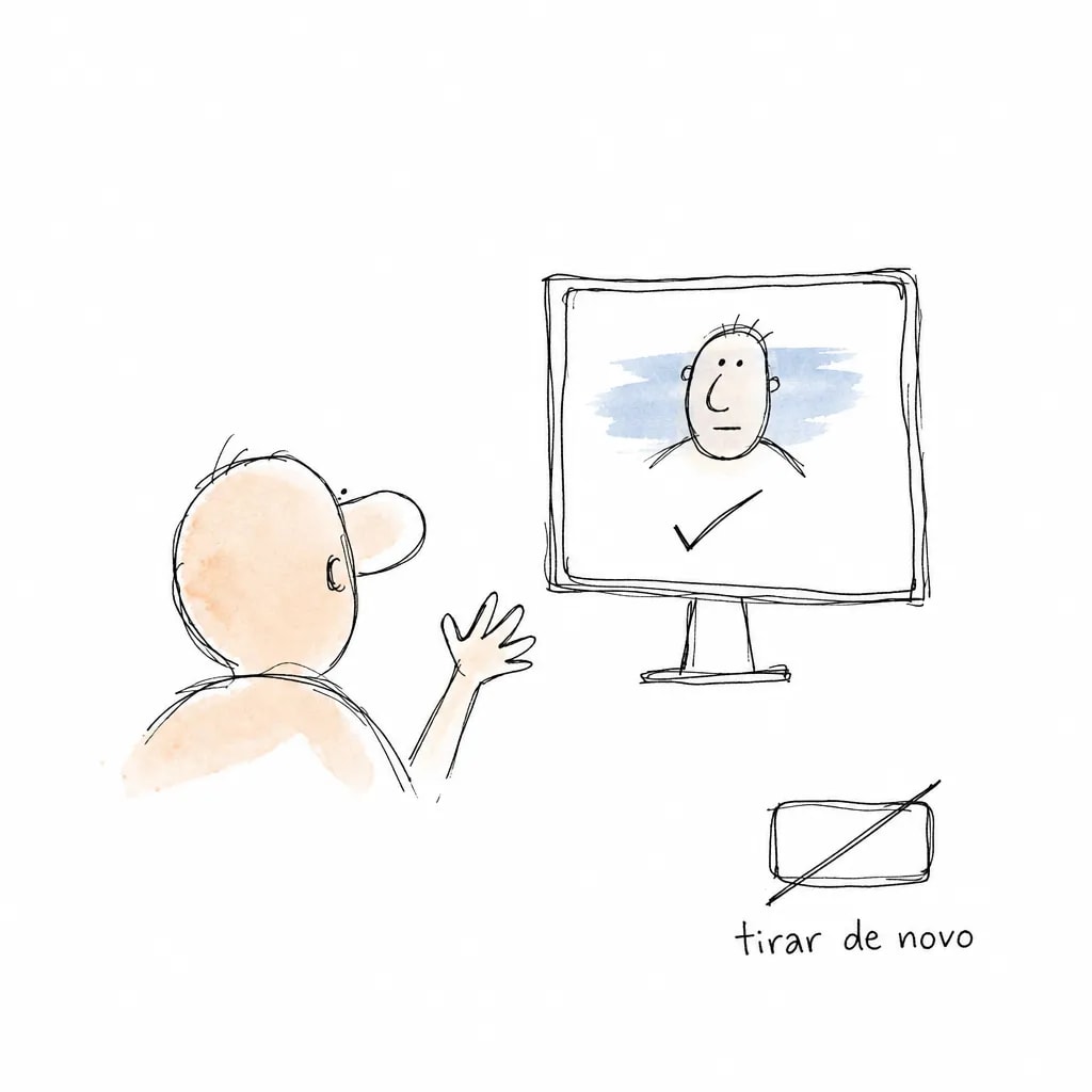Pessoa de costas pede algo diante de um monitor onde o retrato já aprovado leva um visto; ao lado, o botão de tirar de novo aparece riscado