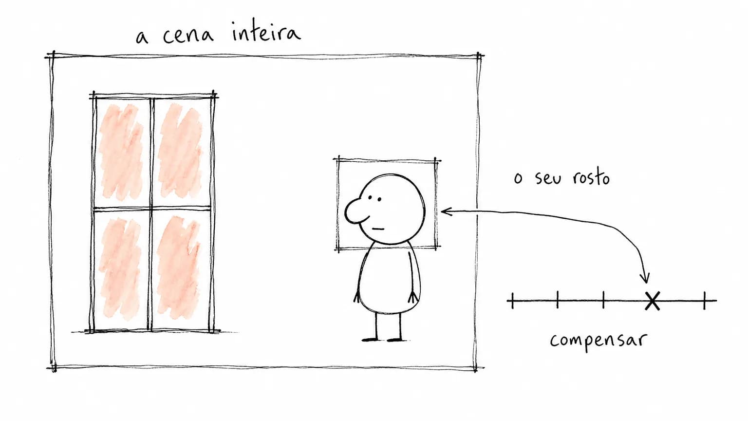 Duas molduras de medição sobre a mesma cena: a grande cobre janela e figura, a pequena cobre só o rosto, e uma seta leva à régua de compensação.