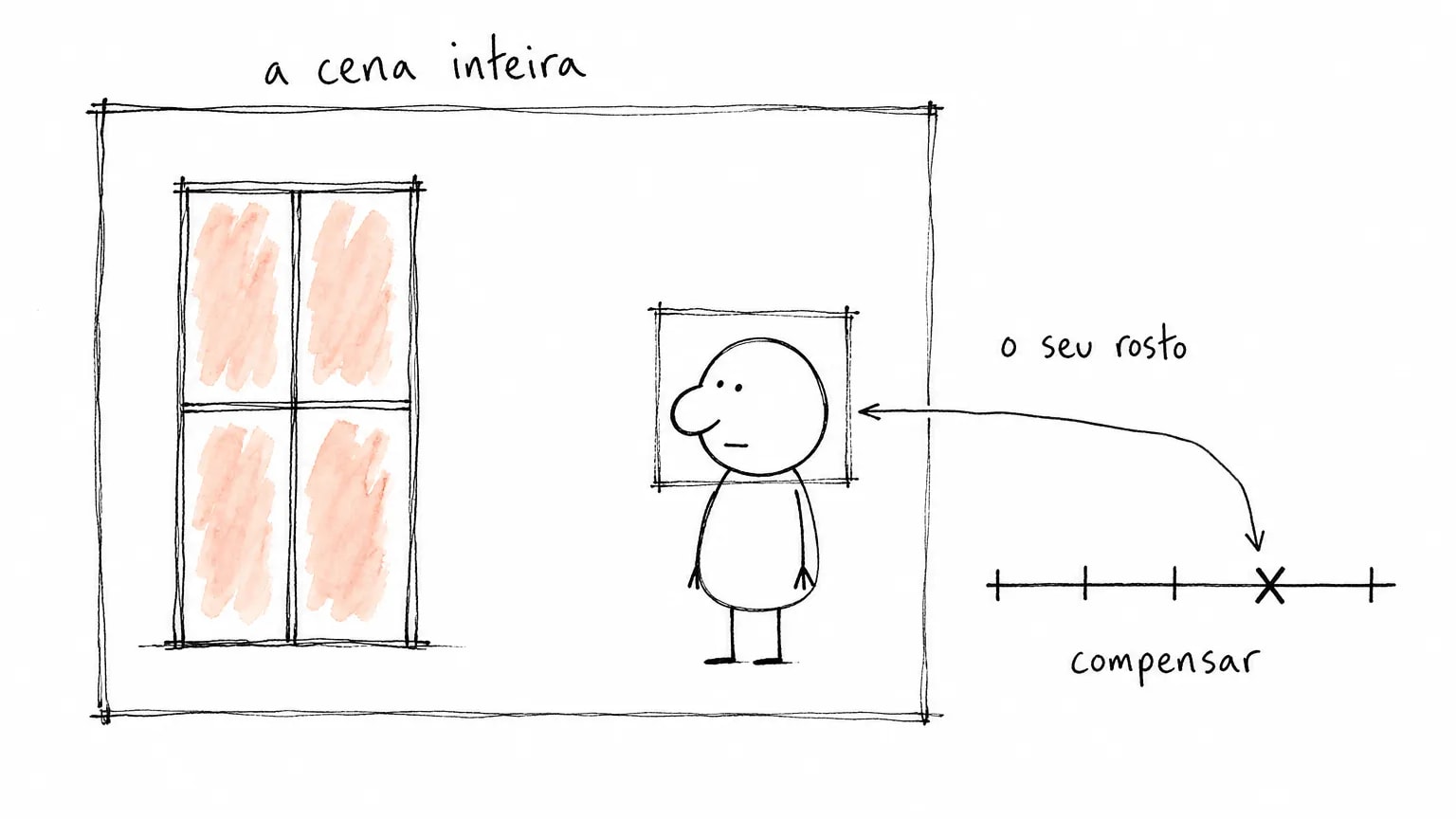 Duas molduras de medição sobre a mesma cena: a grande cobre janela e figura, a pequena cobre só o rosto, e uma seta leva à régua de compensação.
