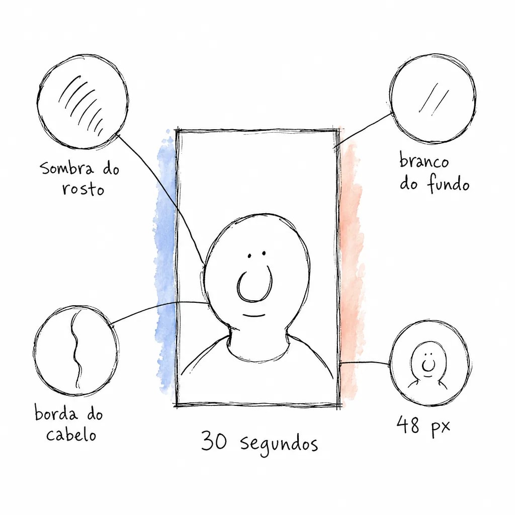Cartão de retrato com quatro janelas de conferência em volta: sombra do rosto, branco do fundo, borda do cabelo e a miniatura de 48 px.