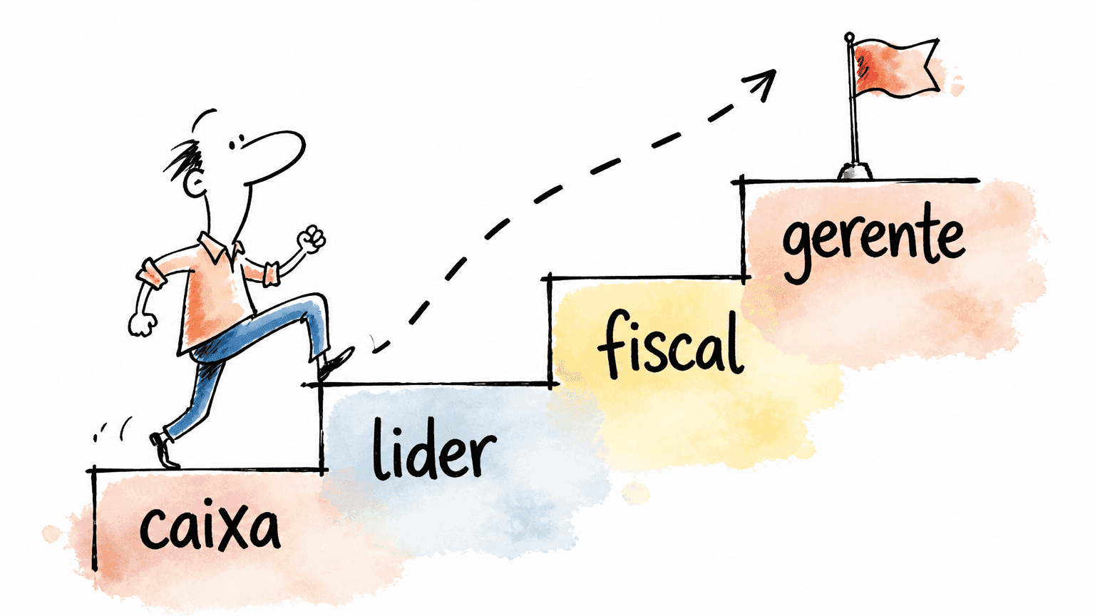 Cartoon de pessoa subindo uma escada com degraus caixa, líder, fiscal e gerente, ilustrando o plano de carreira na Havan