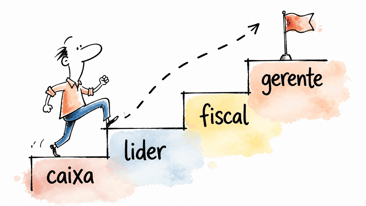 Cartoon de pessoa subindo uma escada com degraus caixa, líder, fiscal e gerente, ilustrando o plano de carreira na Havan