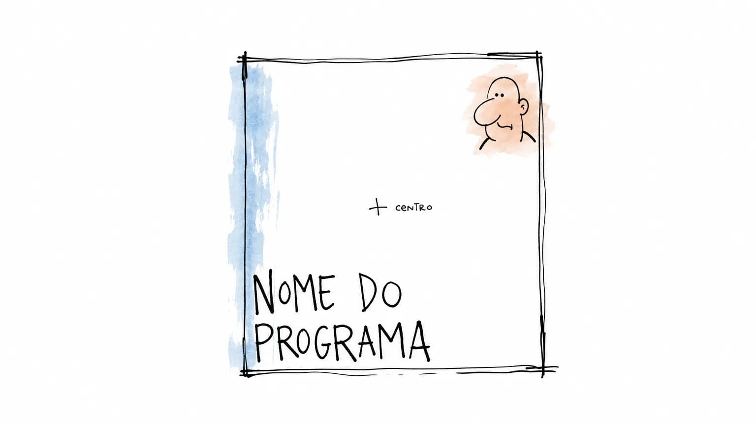Cartaz quadrado com o rosto espremido no canto de cima, "NOME DO PROGRAMA" ocupando a parte de baixo e o "centro" marcado por uma cruz no vazio