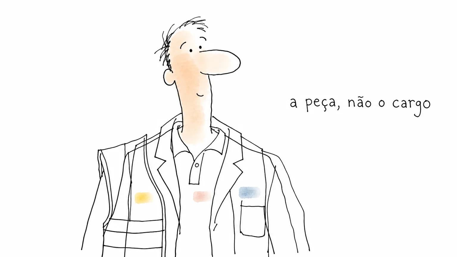 Pessoa-doodle com três cascas de uniforme sobrepostas e fora de registro no mesmo corpo — colete, jaleco e polo — e um borrão onde iria o nome bordado.