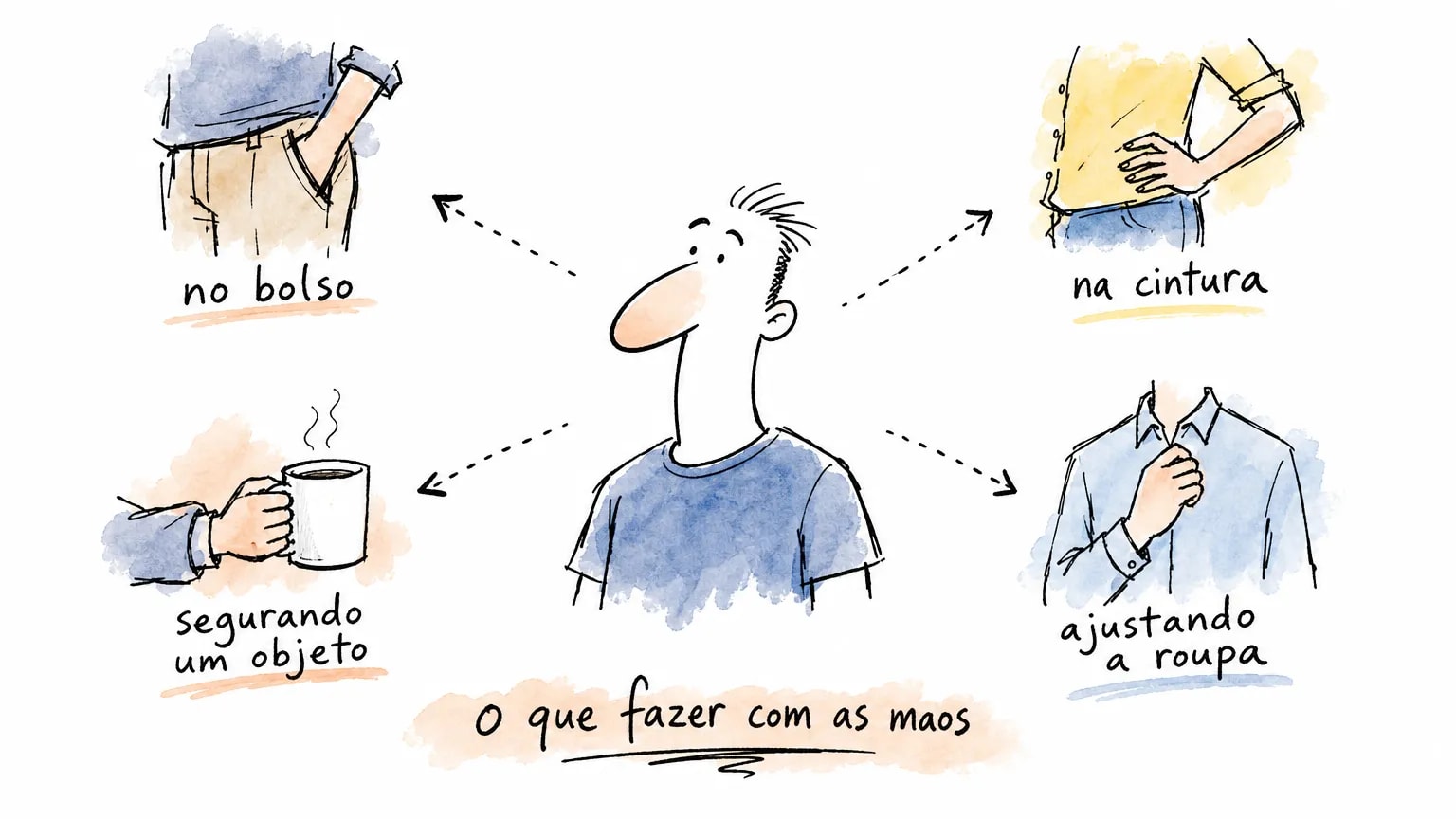 Quatro coisas naturais pra fazer com as mãos na foto: mão no bolso, na cintura, segurando um objeto e ajustando a roupa