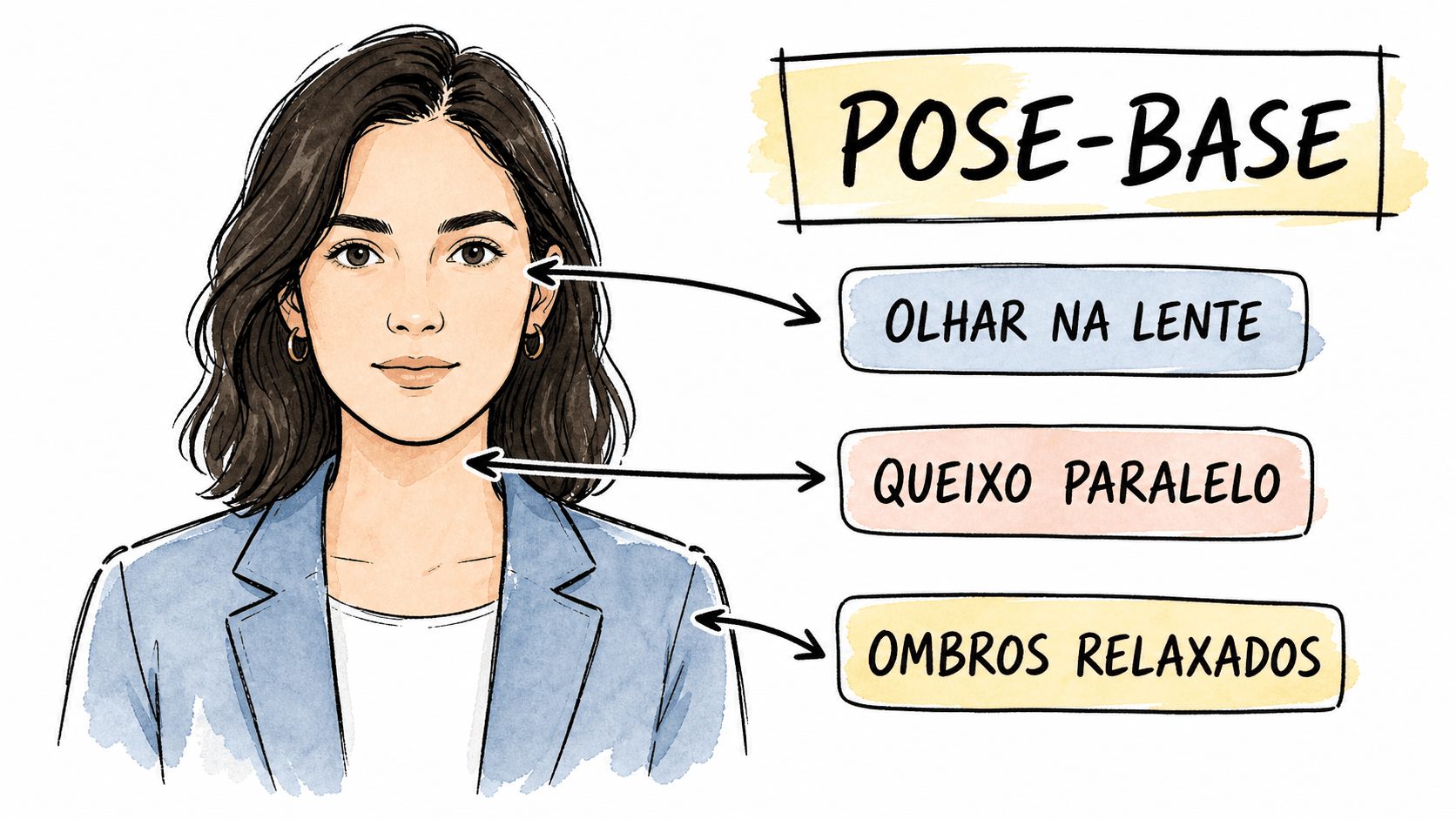 Infográfico de pose-base para foto de currículo com ombros, queixo e olhar anotados