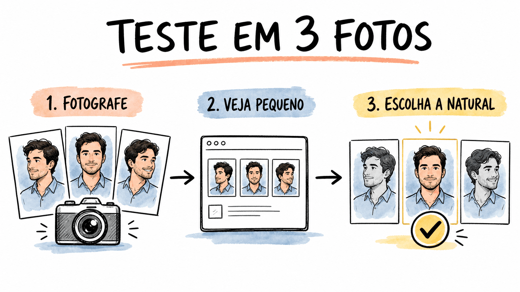 Processo em três fotos para selecionar uma pose natural para currículo