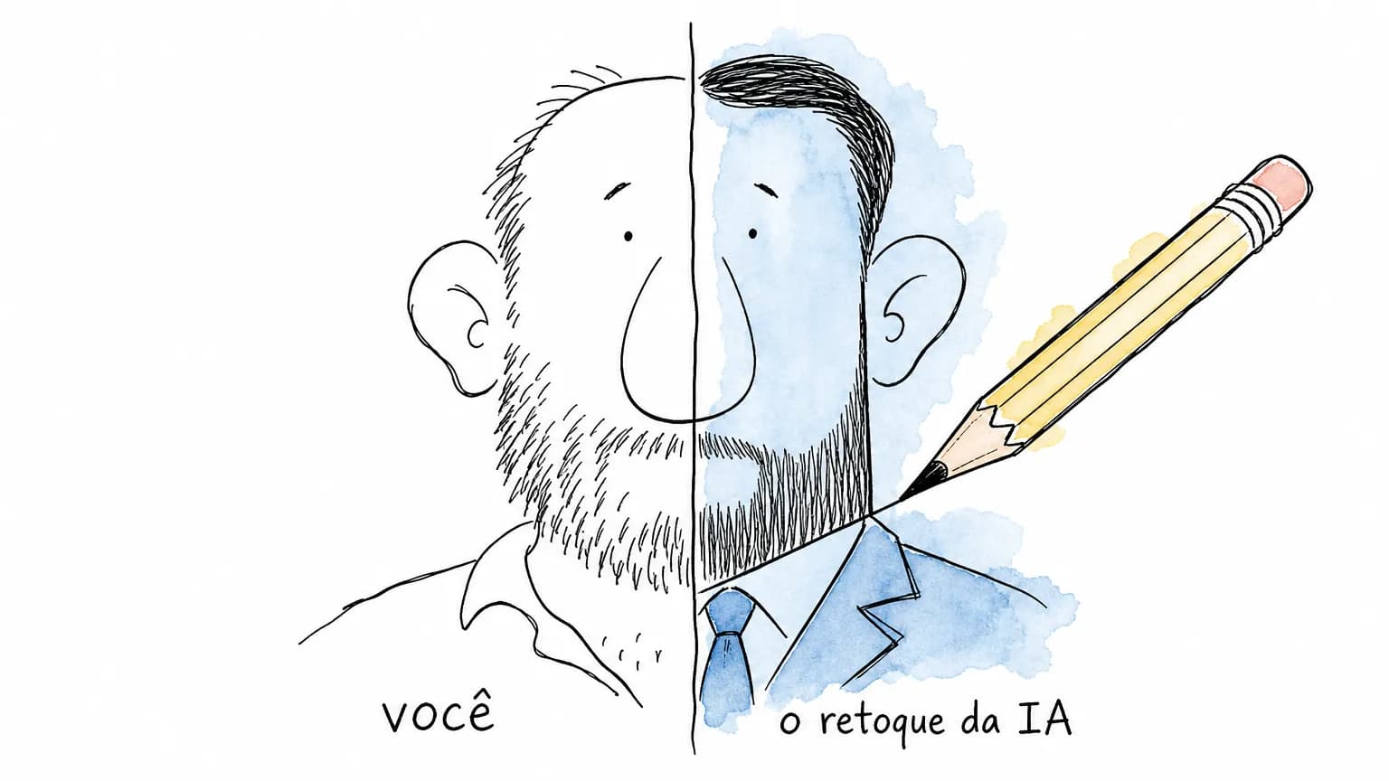 Ilustração de um rosto masculino dividido ao meio: à esquerda o homem real, à direita a versão retocada pela IA, com barba e cabelo redesenhados.