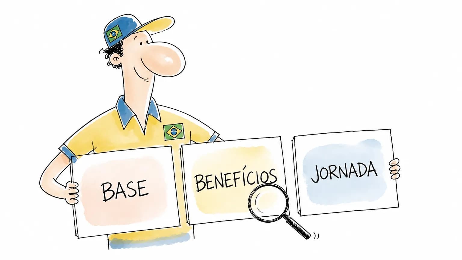 Ilustração de ajudante geral comparando cartões de salário-base, benefícios e jornada
