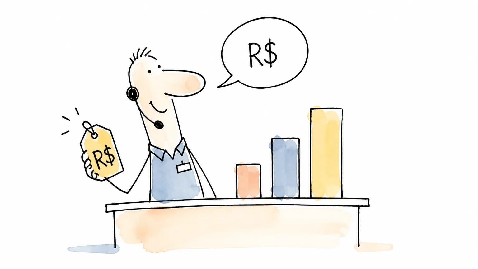 Ilustração de atendente comparando uma etiqueta de preço e três faixas de salário