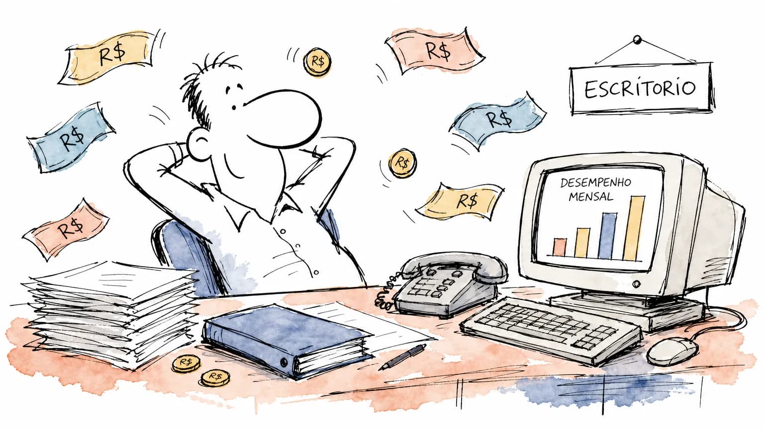 Ilustração de auxiliar administrativo na mesa de escritório com papéis e cédulas de R$ ao redor, sobre quanto ganha um auxiliar administrativo em 2026