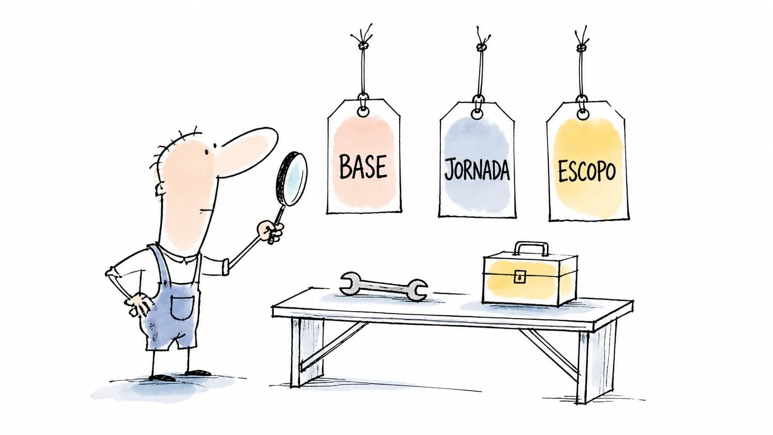 Auxiliar de manutenção observa etiquetas de salário-base, jornada e escopo diante de uma bancada