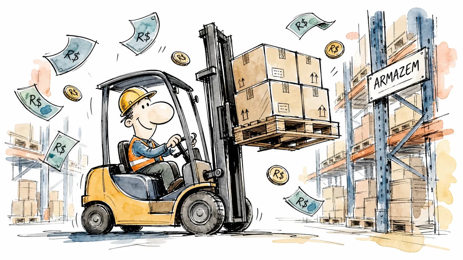 Ilustração de operador de empilhadeira dirigindo com cédulas de R$ ao redor, sobre quanto ganha um operador de empilhadeira em 2026