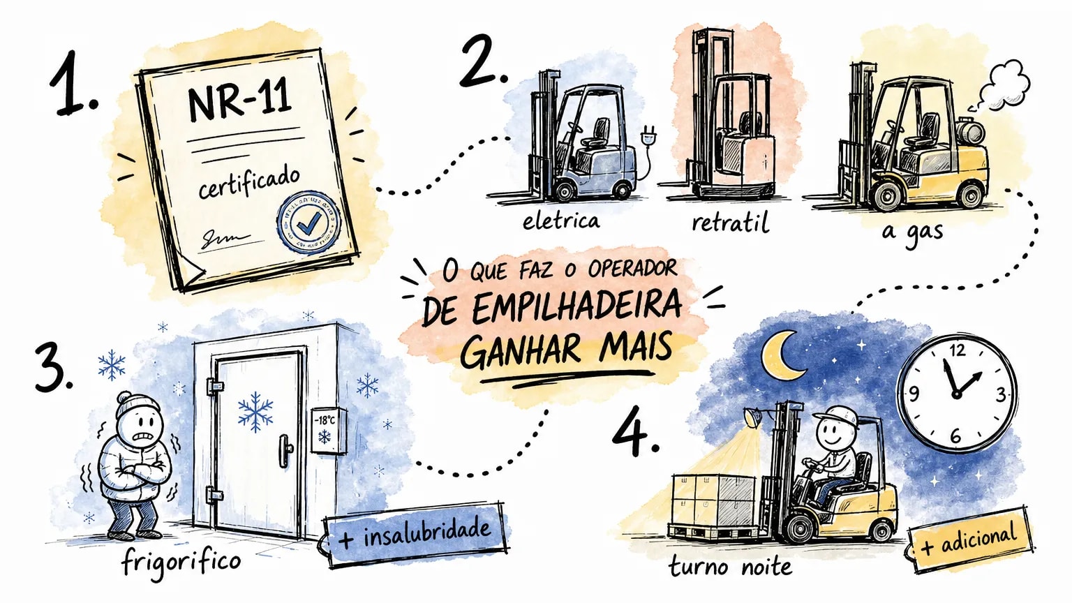 Infográfico do que faz o operador de empilhadeira ganhar mais: certificado NR-11, tipo de empilhadeira, adicional de insalubridade no frigorífico e adicional de turno noturno