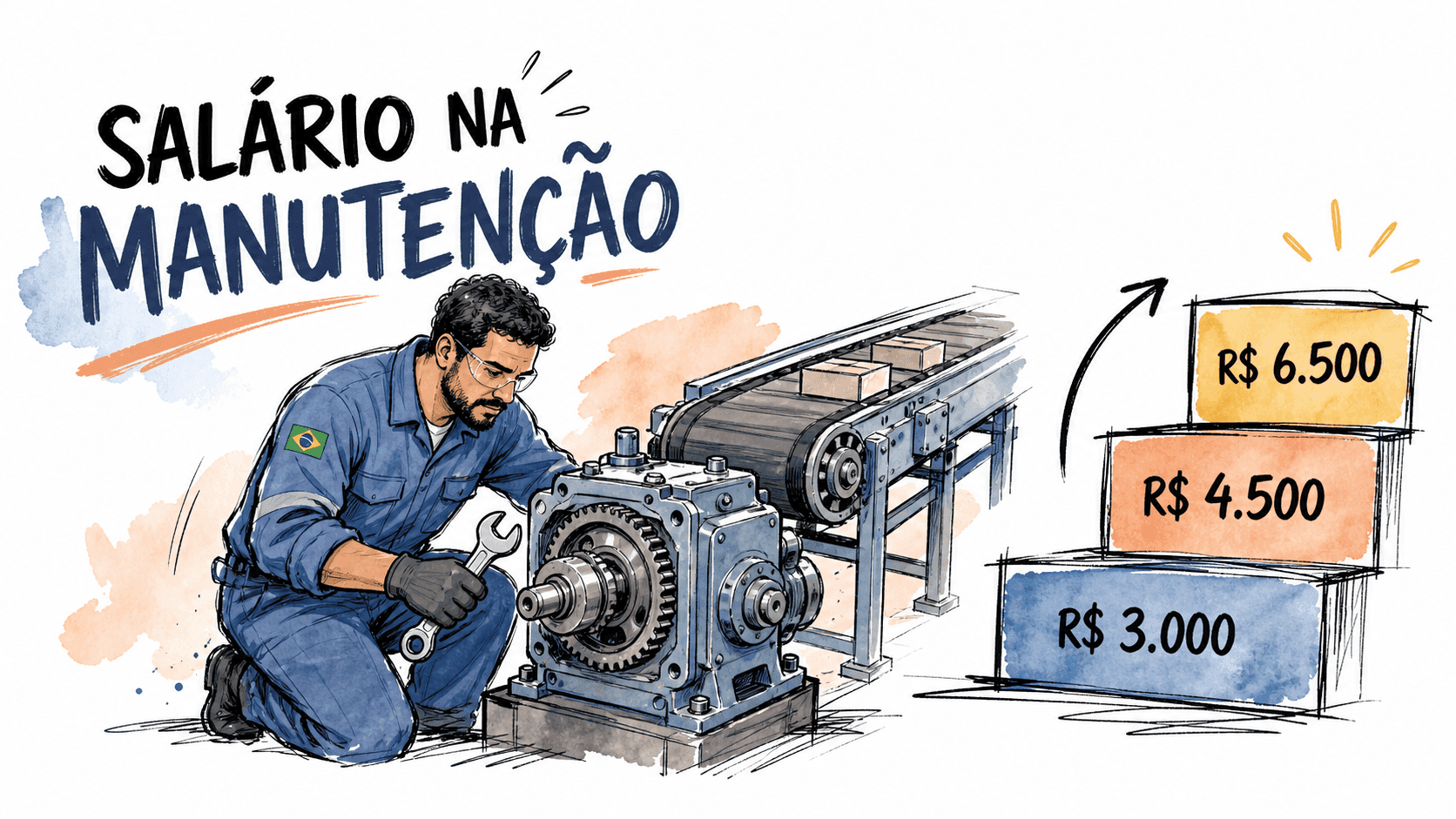 Mecânico de manutenção industrial ao lado de uma máquina e faixas salariais ilustradas