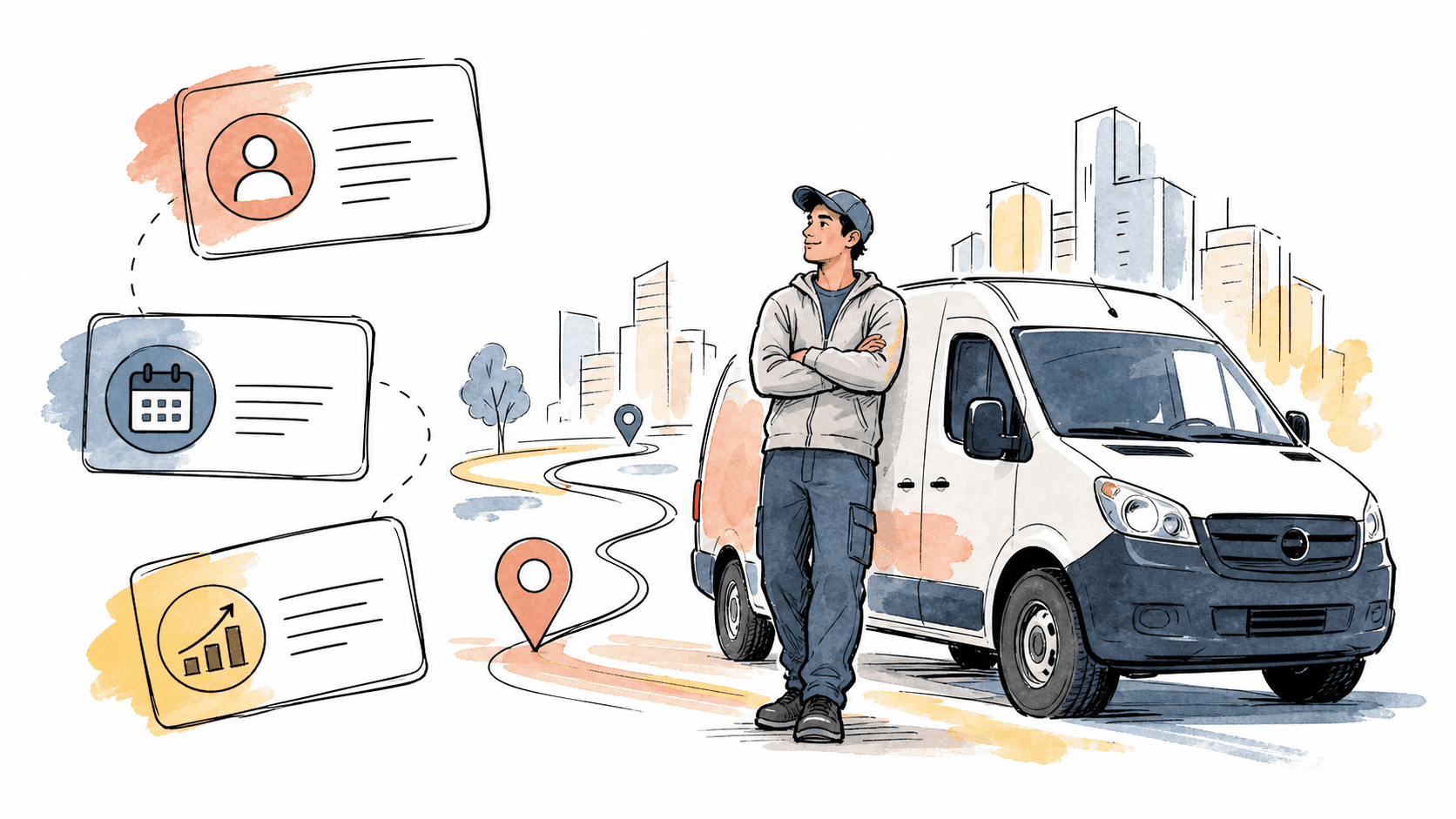 Motorista entregador ao lado de uma van em rota urbana, com elementos ilustrados de remuneração