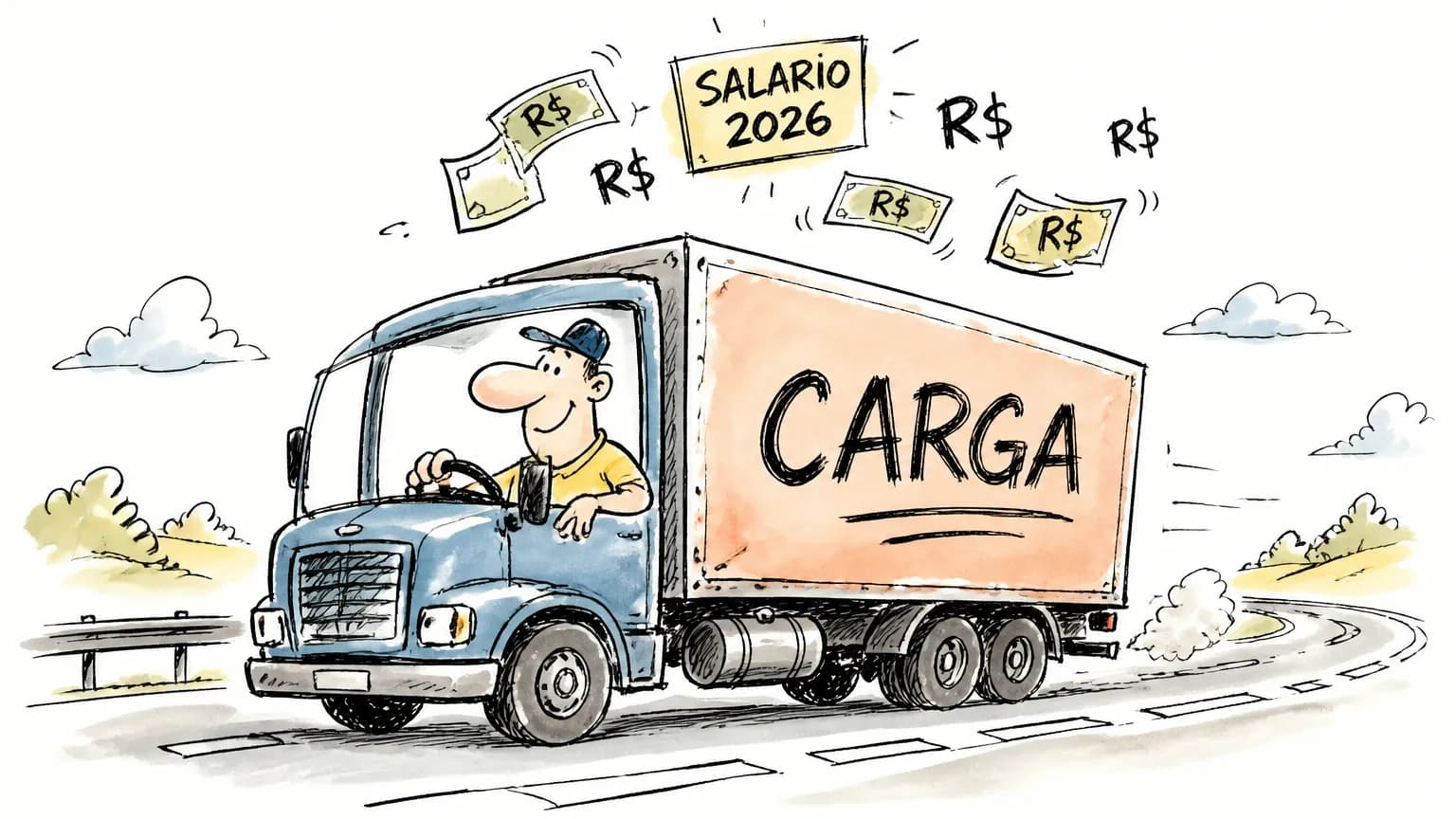 Ilustração de motorista de caminhão dirigindo com cédulas de R$ ao redor, sobre quanto ganha um motorista de caminhão em 2026