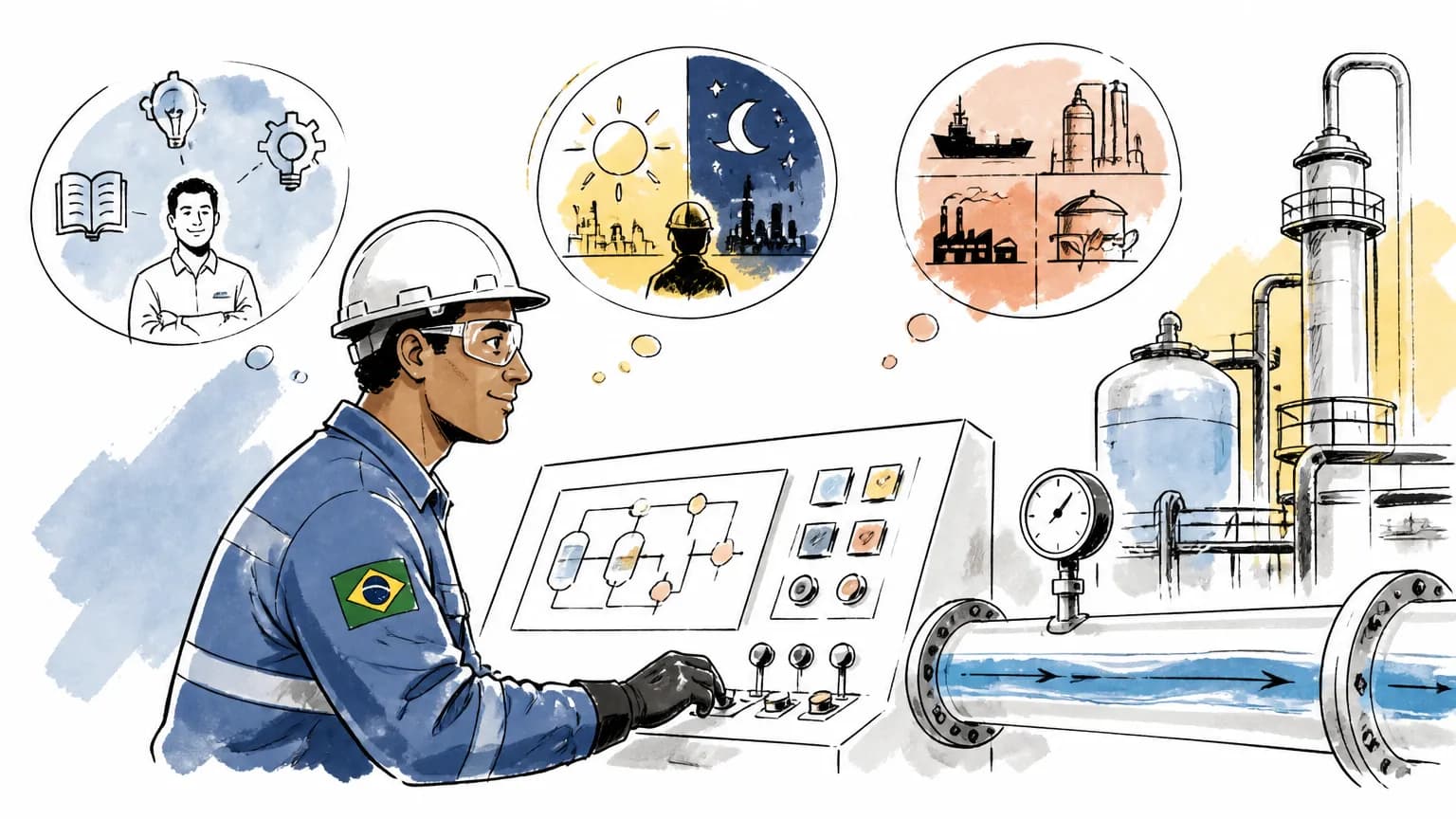 Ilustração de operador de processo monitorando painel e tubulações de uma indústria