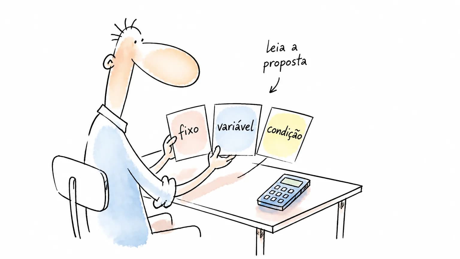 Ilustração de pessoa comparando salário fixo, variável e condições de uma proposta