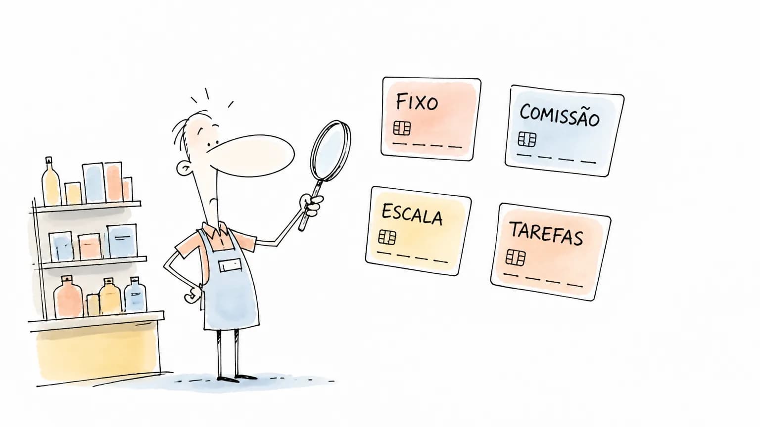 Ilustração de auxiliar de loja comparando salário fixo, comissão, escala e tarefas.