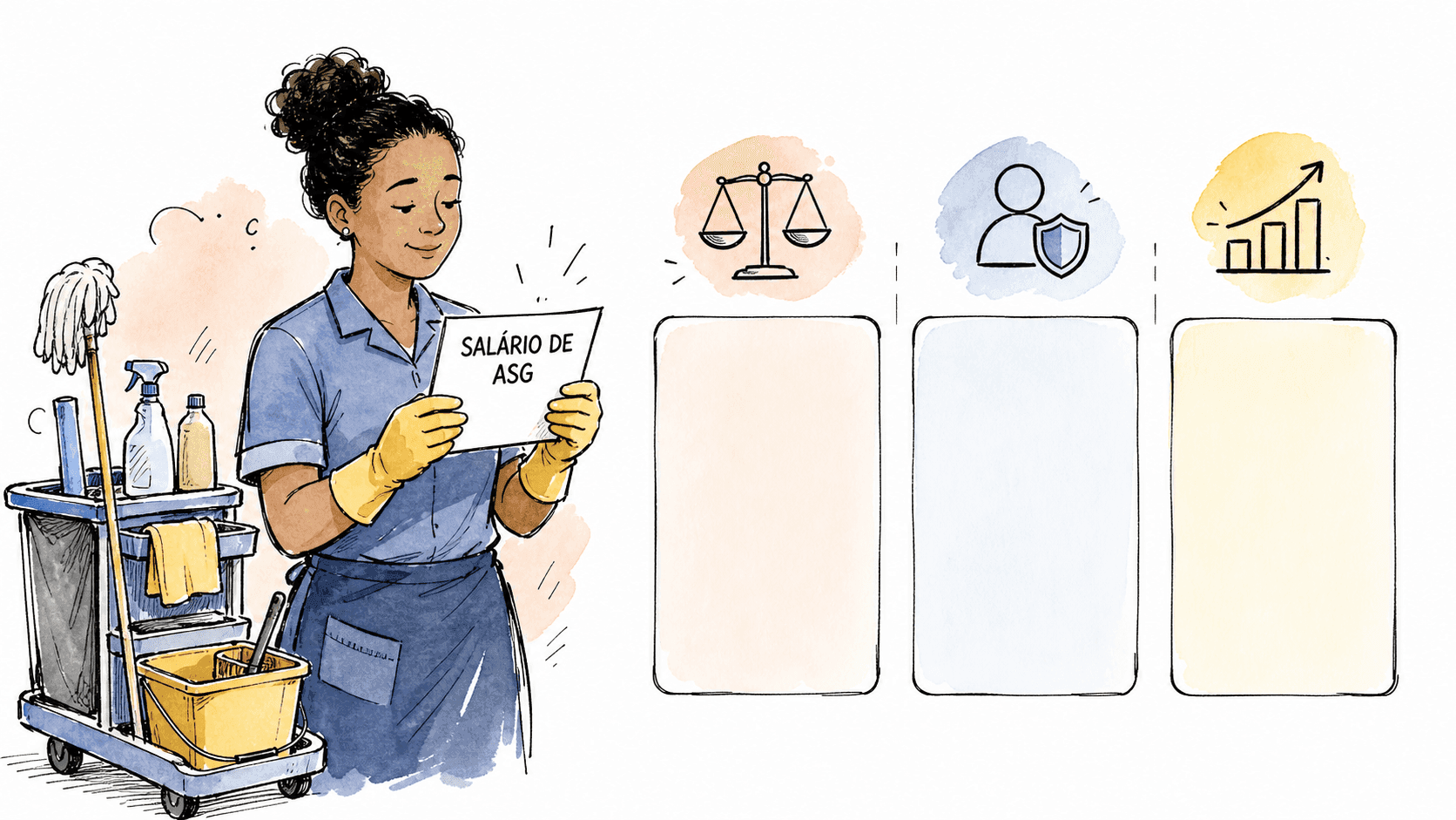 Ilustração de auxiliar de serviços gerais com carrinho de limpeza e quadro de salário