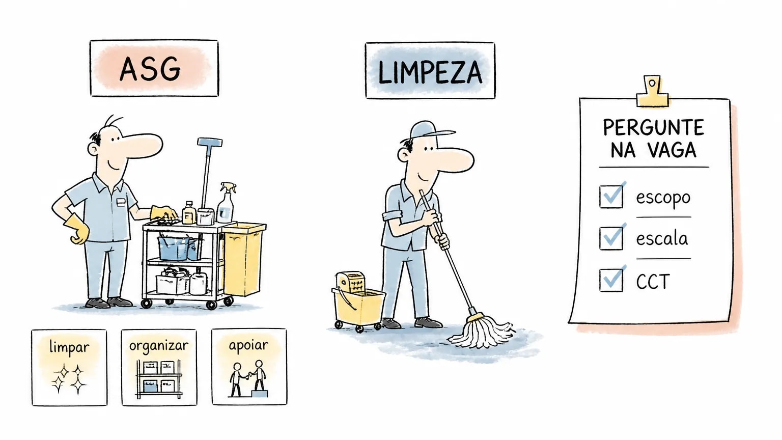Comparação visual entre auxiliar de serviços gerais, limpeza e perguntas sobre a vaga